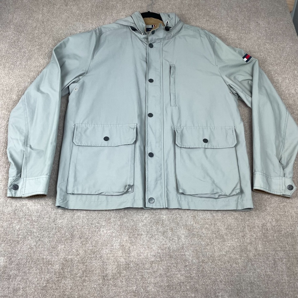 Tommy Hilfiger Utility Jacket Mens XL Gray Cotton Lined Hooded Full Zip Workwear
